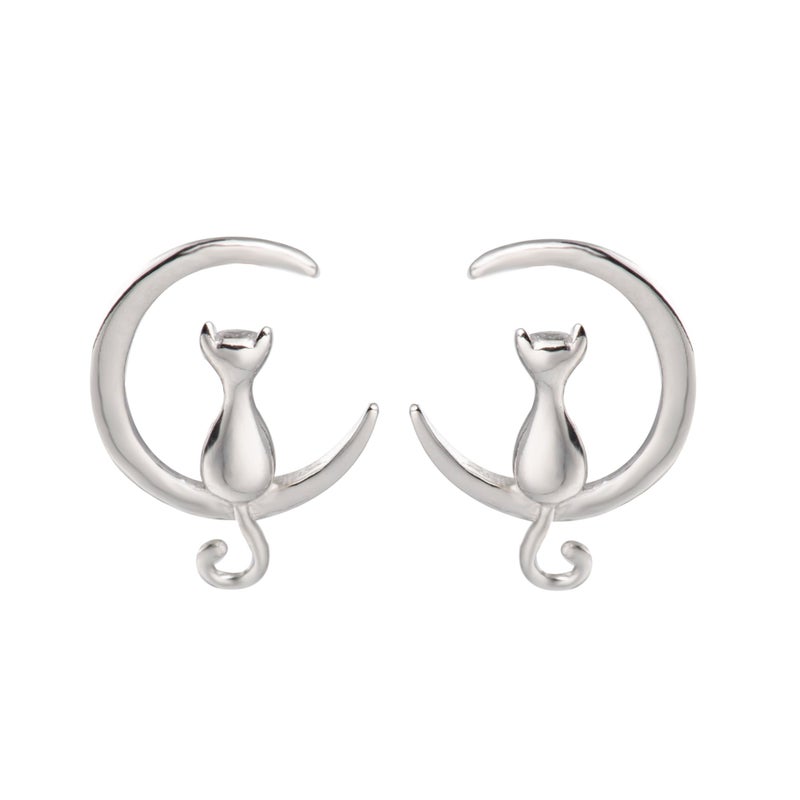 S.Leaf Sterling Silver Cat Moon Earrings Hypoallergenic Stud Earrings for Women Jewelry for Cat Lovers Birthday Gifts for Women(silver) - Image 1